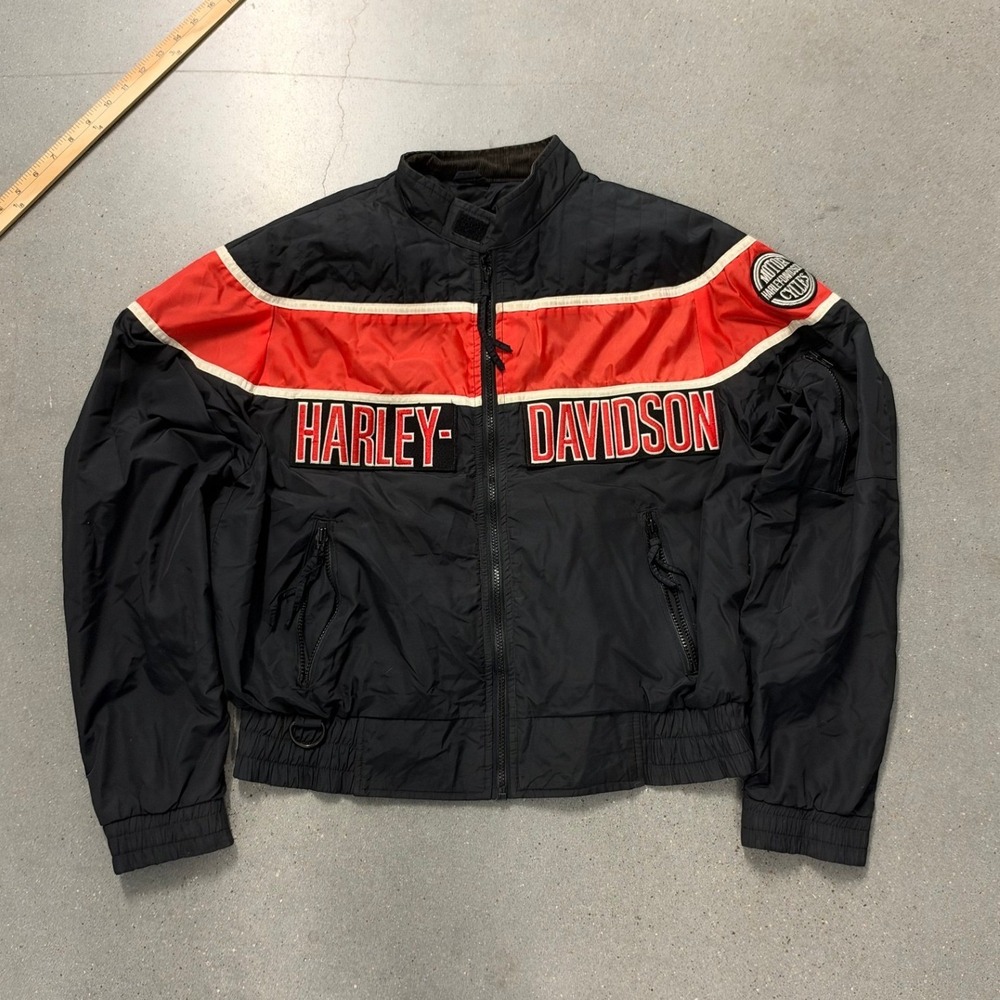 Vintage Harley Davidson Racing Jacket Mens Large Black Red Made in USA Nylon